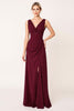 Load image into Gallery viewer, Burgundy Sheath Satin V-Neck Long Bridesmaid Dress with Slit