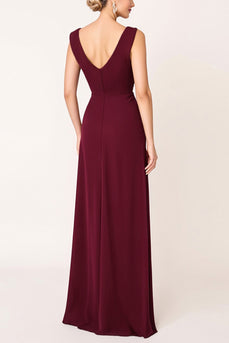 Burgundy Sheath Satin V-Neck Long Bridesmaid Dress with Slit