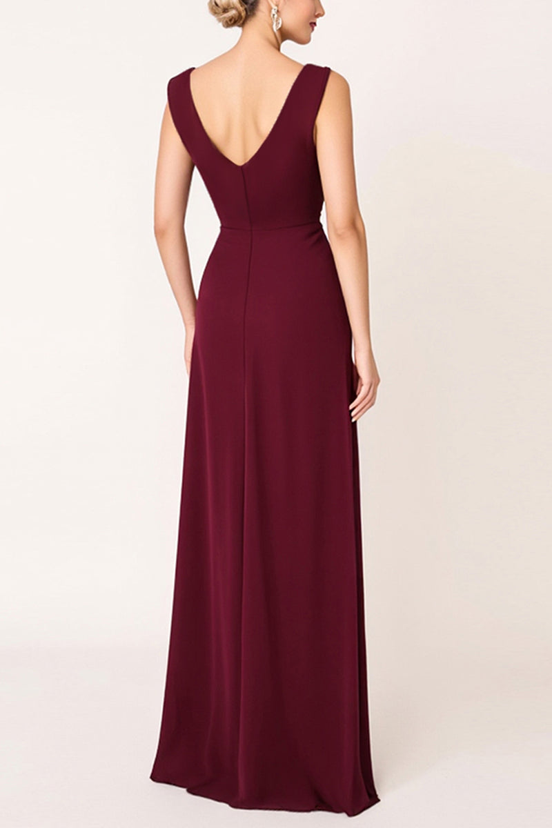 Load image into Gallery viewer, Burgundy Sheath Satin V-Neck Long Bridesmaid Dress with Slit