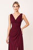 Load image into Gallery viewer, Burgundy Sheath Satin V-Neck Long Bridesmaid Dress with Slit