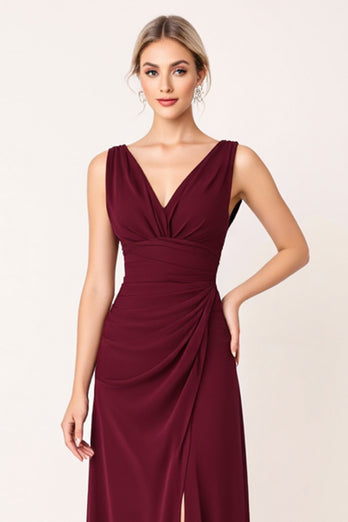 Burgundy Sheath Satin V-Neck Long Bridesmaid Dress with Slit