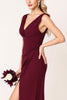 Load image into Gallery viewer, Burgundy Sheath Satin V-Neck Long Bridesmaid Dress with Slit