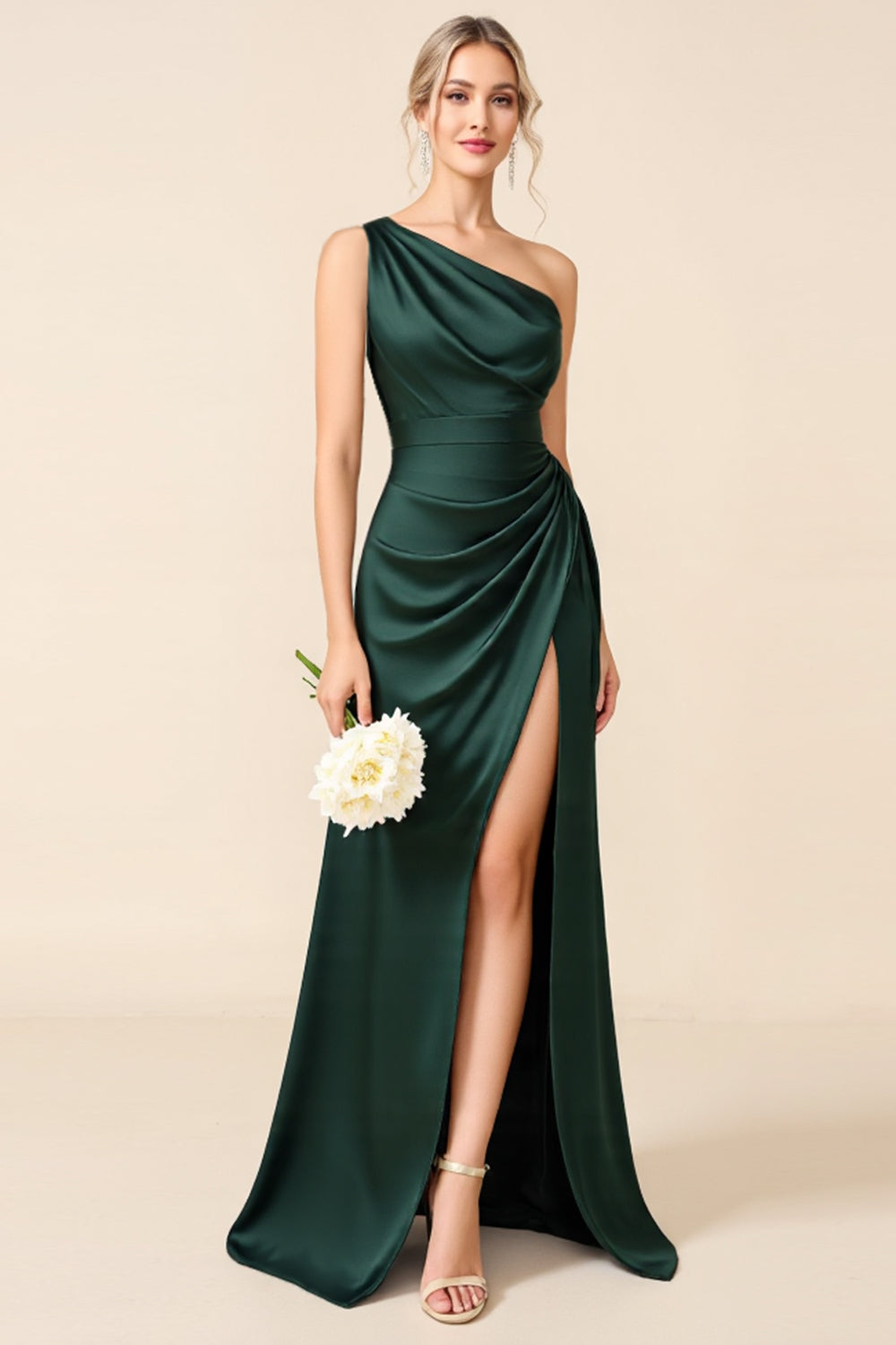 Pine Sheath Satin One Shoulder Long Bridesmaid Dress with Slit