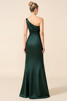 Pine Sheath Satin One Shoulder Long Bridesmaid Dress with Slit