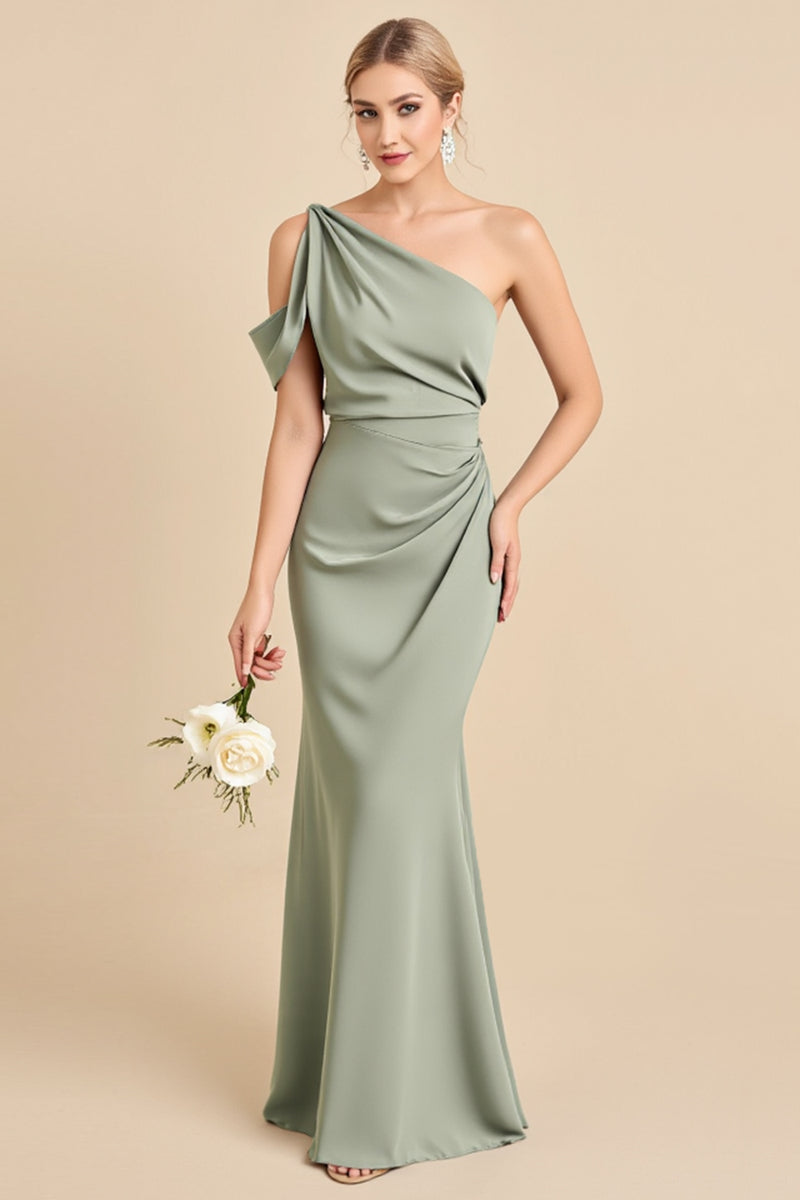 Load image into Gallery viewer, Matcha Mermaid Satin One Shoulder Long Bridesmaid Dress