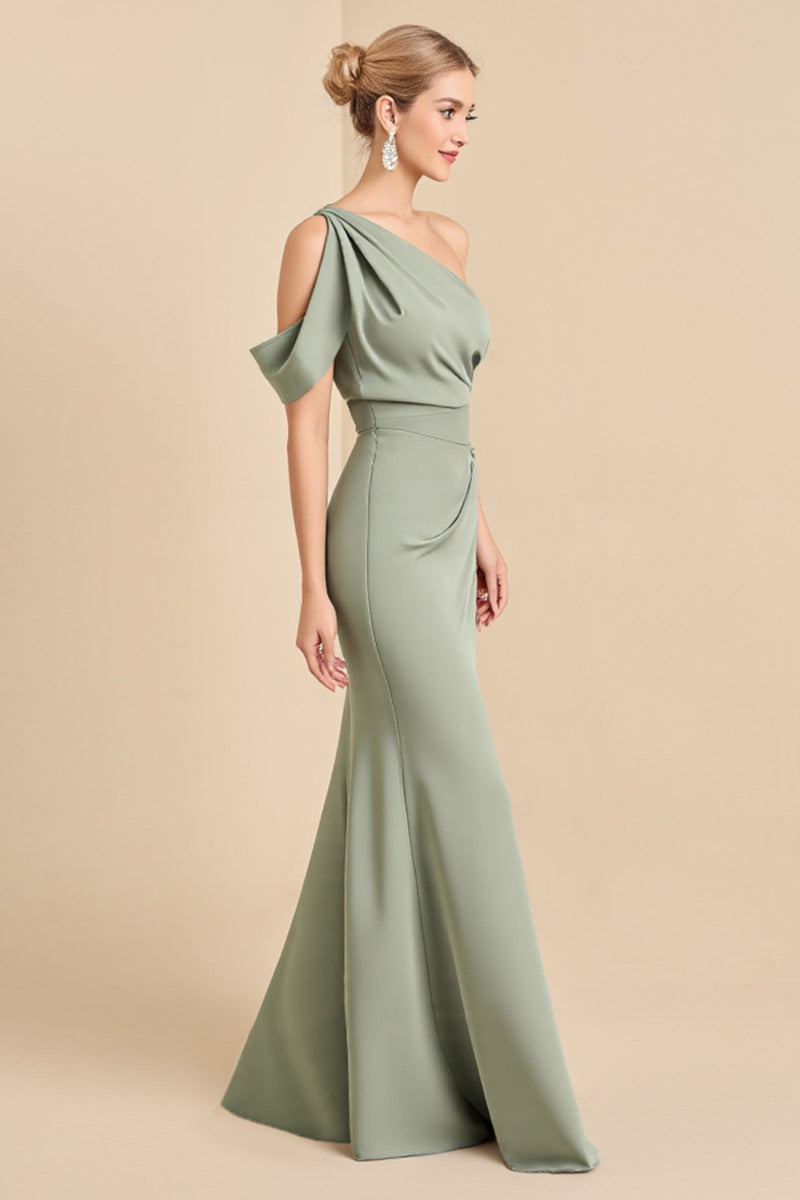 Load image into Gallery viewer, Matcha Mermaid Satin One Shoulder Long Bridesmaid Dress