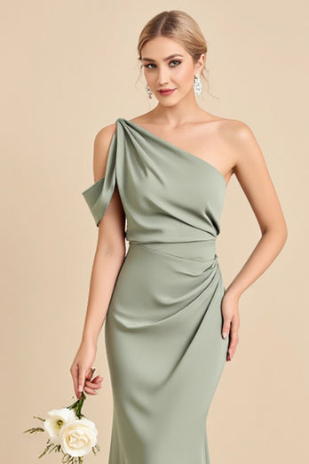 Matcha Mermaid Satin One Shoulder Long Bridesmaid Dress