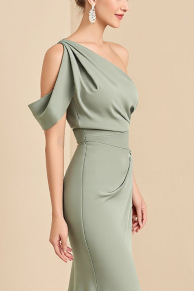 Load image into Gallery viewer, Matcha Mermaid Satin One Shoulder Long Bridesmaid Dress