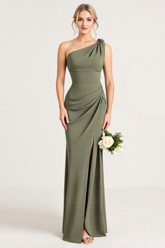 Olive Sheath Satin One Shoulder Long Bridesmaid Dress with Slit