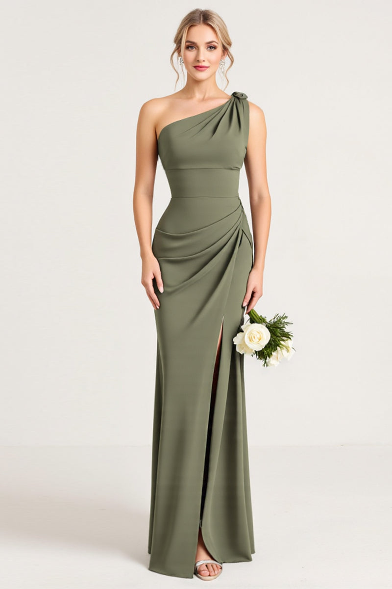 Load image into Gallery viewer, Olive Sheath Satin One Shoulder Long Bridesmaid Dress with Slit