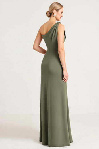 Olive Sheath Satin One Shoulder Long Bridesmaid Dress with Slit