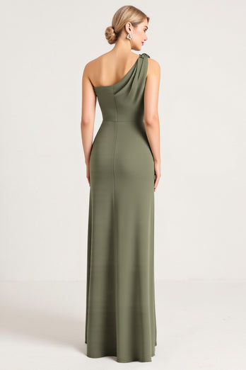 Olive Sheath Satin One Shoulder Long Bridesmaid Dress with Slit