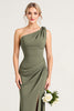 Load image into Gallery viewer, Olive Sheath Satin One Shoulder Long Bridesmaid Dress with Slit