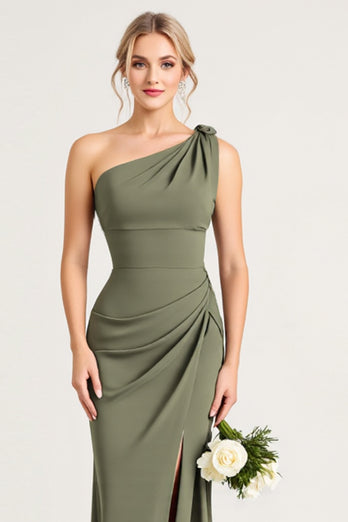 Olive Sheath Satin One Shoulder Long Bridesmaid Dress with Slit