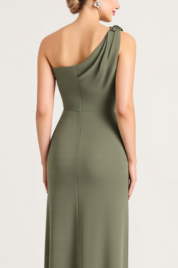 Olive Sheath Satin One Shoulder Long Bridesmaid Dress with Slit