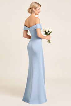 Dusty Blue Off the Shoulder Long Satin Bridesmaid Dress with Slit