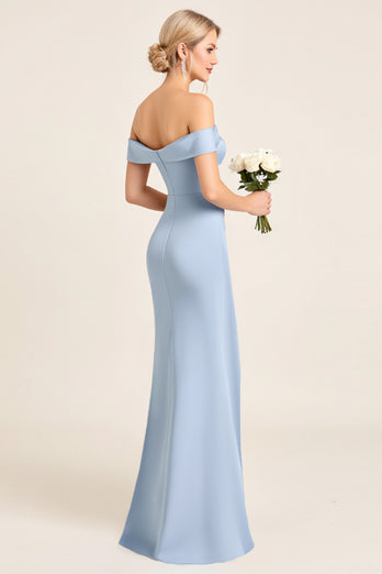 Dusty Blue Off the Shoulder Long Satin Bridesmaid Dress with Slit