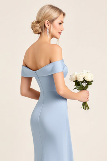 Dusty Blue Off the Shoulder Long Satin Bridesmaid Dress with Slit