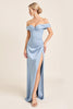 Load image into Gallery viewer, Satin Dusty Blue Sheath Off the Shoulder Long Bridesmaid Dress with Slit