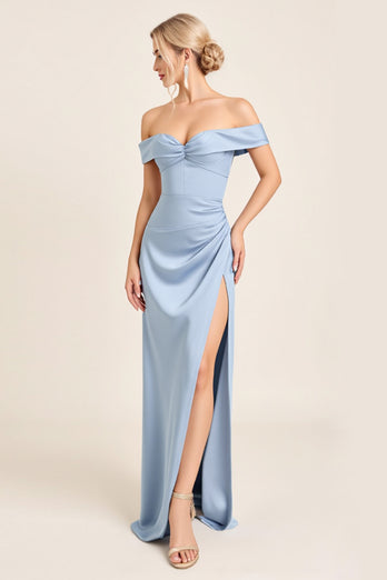 Satin Dusty Blue Sheath Off the Shoulder Long Bridesmaid Dress with Slit