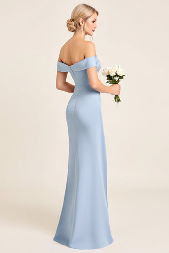 Satin Dusty Blue Sheath Off the Shoulder Long Bridesmaid Dress with Slit