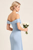 Load image into Gallery viewer, Satin Dusty Blue Sheath Off the Shoulder Long Bridesmaid Dress with Slit