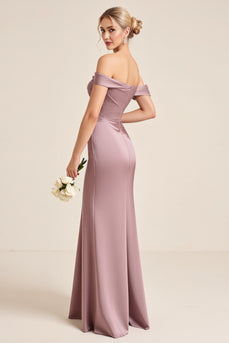 Vintage Mauve Sheath Satin Ruched Long Bridesmaid Dress with Slit