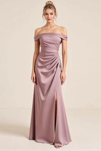 Vintage Mauve Sheath Satin Ruched Long Bridesmaid Dress with Slit