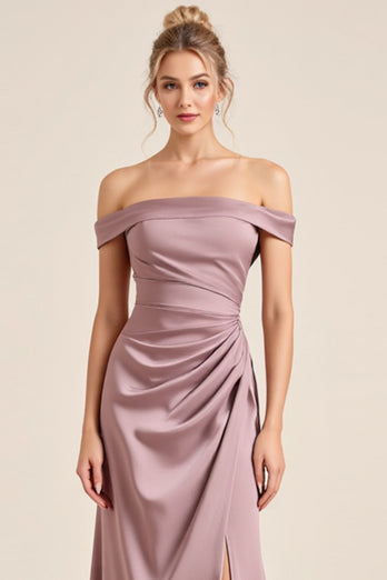 Vintage Mauve Sheath Satin Ruched Long Bridesmaid Dress with Slit