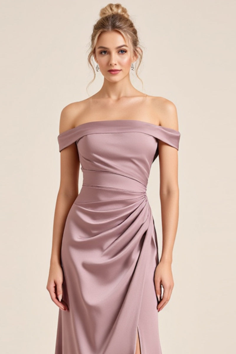 Load image into Gallery viewer, Vintage Mauve Sheath Satin Ruched Long Bridesmaid Dress with Slit