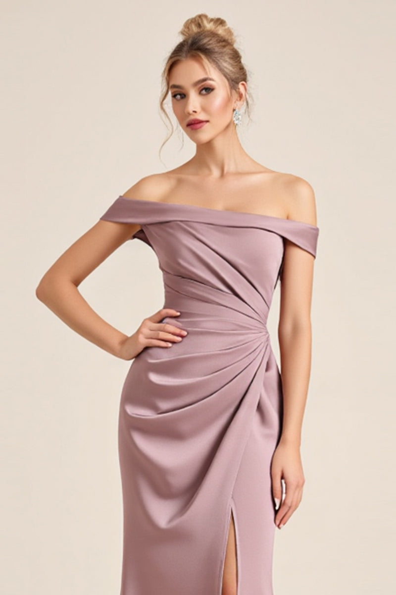 Load image into Gallery viewer, Vintage Mauve Sheath Satin Ruched Long Bridesmaid Dress with Slit