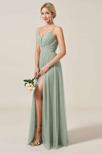 Matcha A Line Tulle Long Bridesmaid Dress with Slit