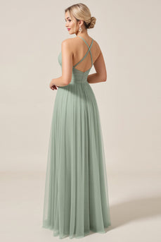 Matcha A Line Tulle Long Bridesmaid Dress with Slit