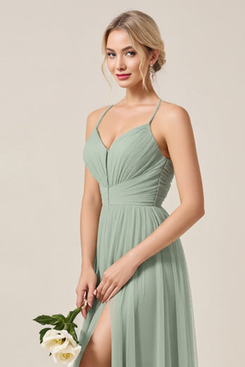 Matcha A Line Tulle Long Bridesmaid Dress with Slit