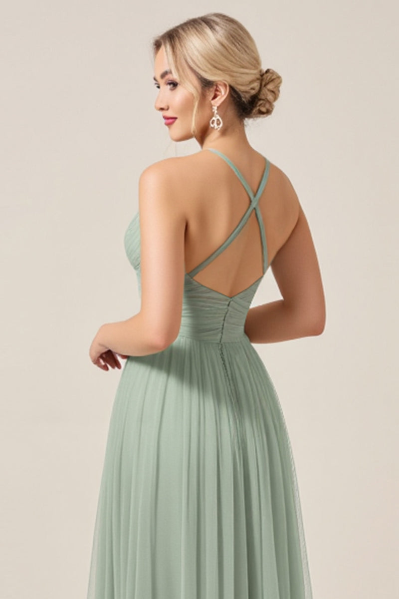 Load image into Gallery viewer, Matcha A Line Tulle Long Bridesmaid Dress with Slit