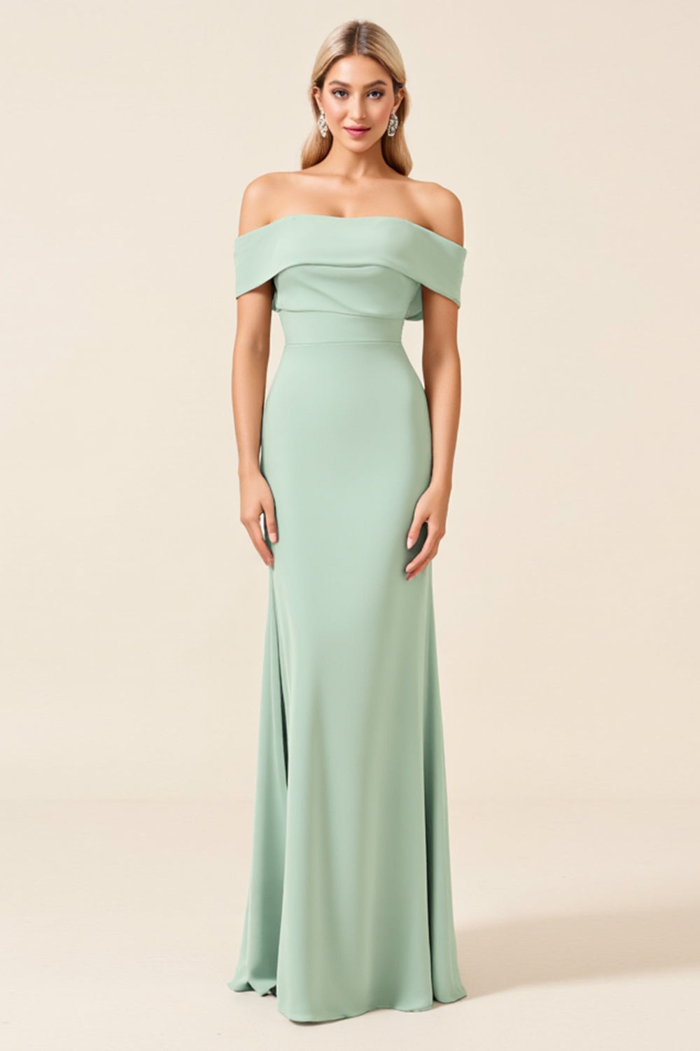 Off the Shoulder Mint Sheath Satin Long Bridesmaid Dress