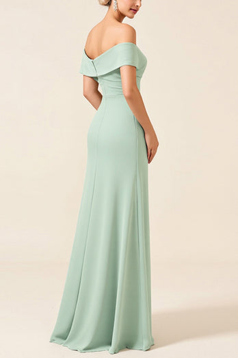 Off the Shoulder Mint Sheath Satin Long Bridesmaid Dress