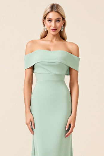 Off the Shoulder Mint Sheath Satin Long Bridesmaid Dress