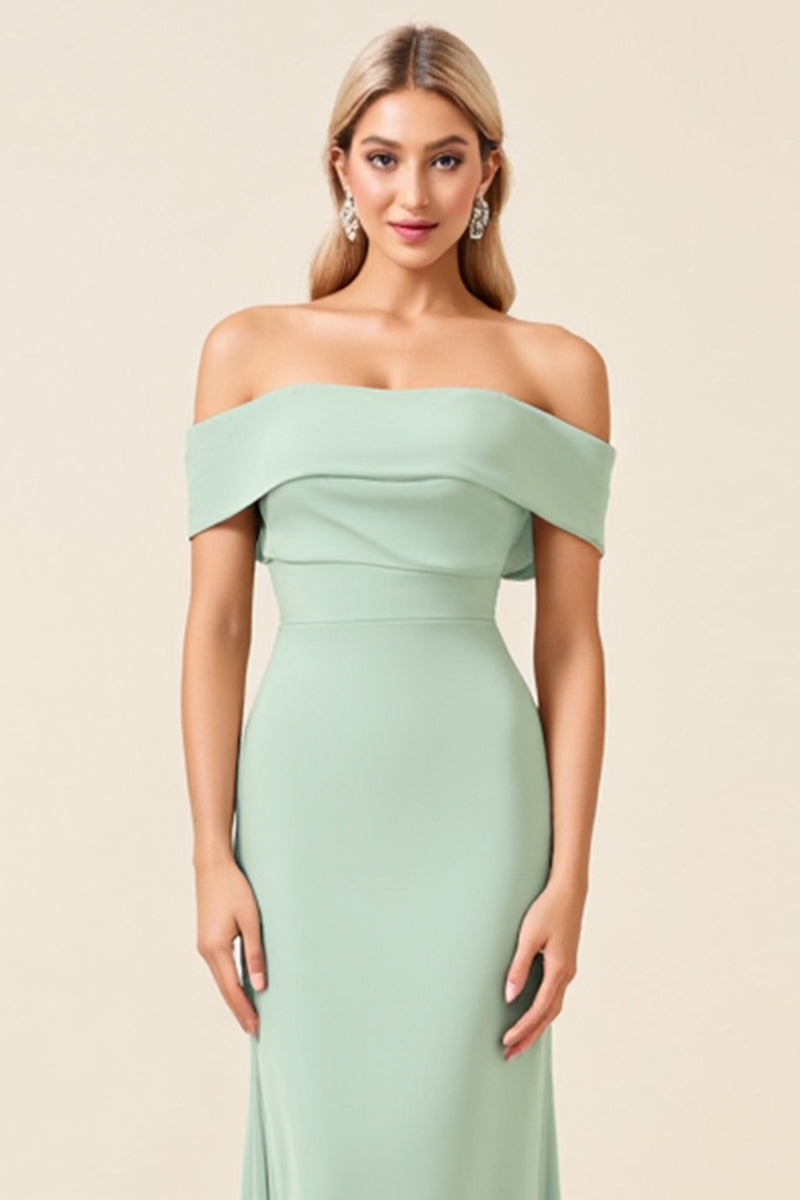 Load image into Gallery viewer, Off the Shoulder Mint Sheath Satin Long Bridesmaid Dress