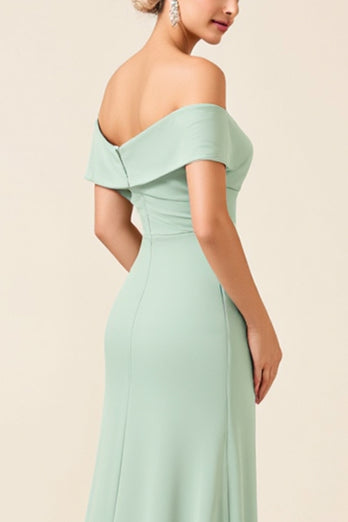 Off the Shoulder Mint Sheath Satin Long Bridesmaid Dress