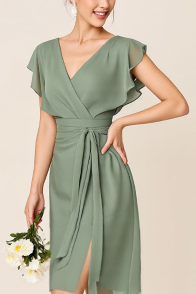 Load image into Gallery viewer, Eucalyptus Chiffon V-Neck Midi Bridesmaid Dress