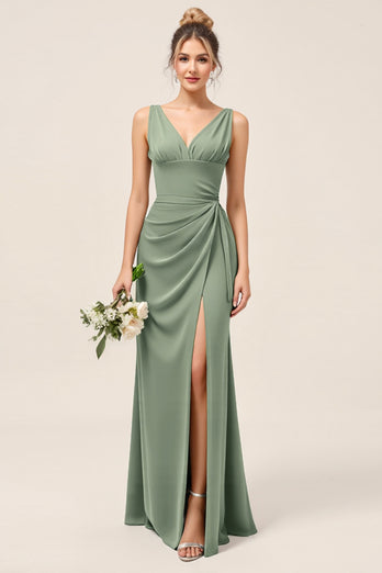 Satin Eucalyptus Sheath Ruched Long Bridesmaid Dress with Slit