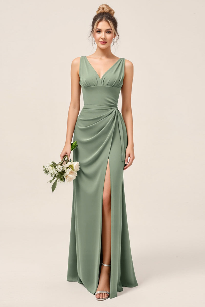 Load image into Gallery viewer, Satin Eucalyptus Sheath Ruched Long Bridesmaid Dress with Slit