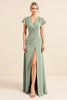 Load image into Gallery viewer, Matcha Sheath V-Neck Long Backless Bridesmaid Dress with Slit