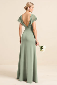 Matcha Sheath V-Neck Long Backless Bridesmaid Dress with Slit