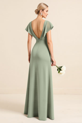 Matcha Sheath V-Neck Long Backless Bridesmaid Dress with Slit