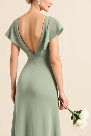 Matcha Sheath V-Neck Long Backless Bridesmaid Dress with Slit