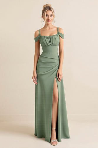 Eucalyptus Sheath Satin Ruched Long Bridesmaid Dress with Slit