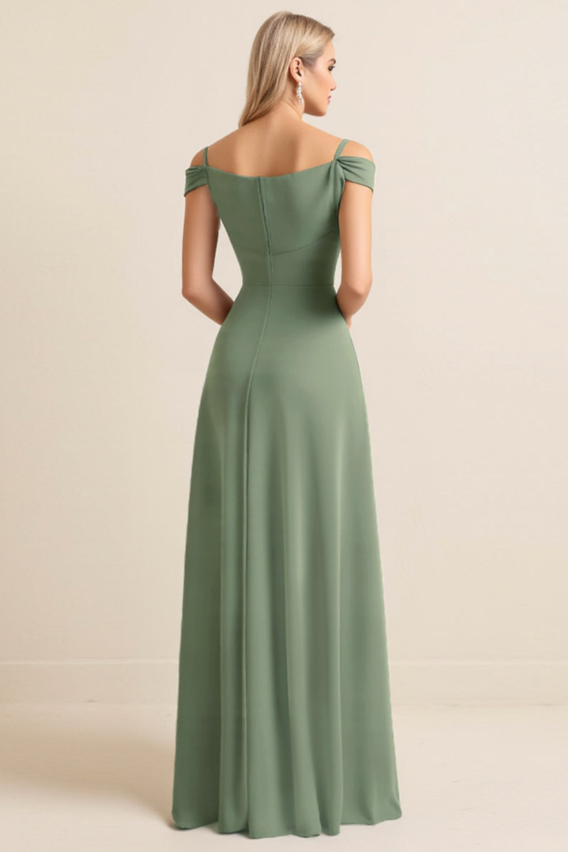 Load image into Gallery viewer, Eucalyptus Sheath Satin Ruched Long Bridesmaid Dress with Slit