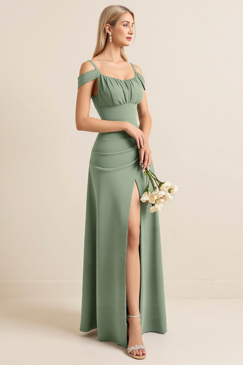 Load image into Gallery viewer, Eucalyptus Sheath Satin Ruched Long Bridesmaid Dress with Slit